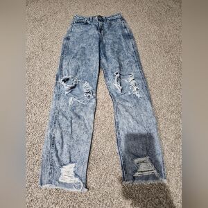 Hollister Ultra High Rise Mom Jeans Blue Acid-Wash Distressed Straight Leg SZ 00